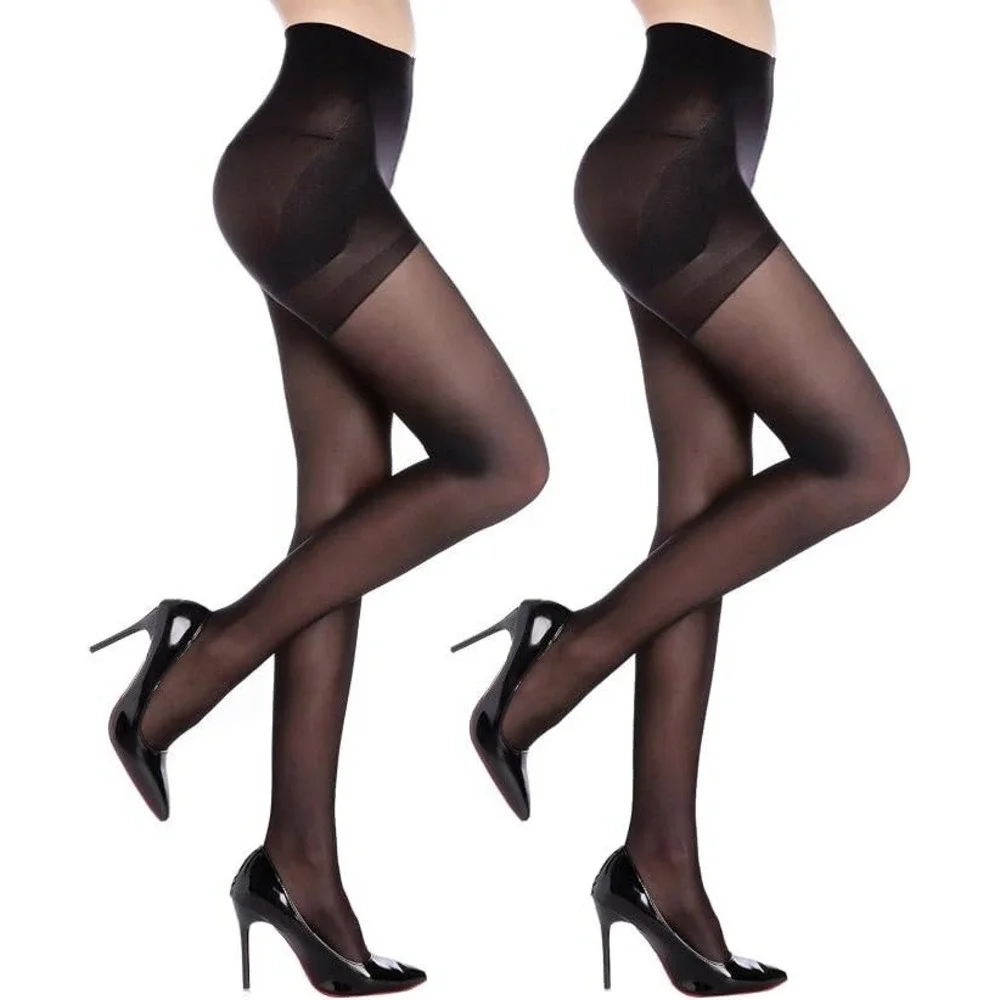 G&Y Classic Womens 2 Pack Black Slim Line Pantyhose Control Top Sheer Tights